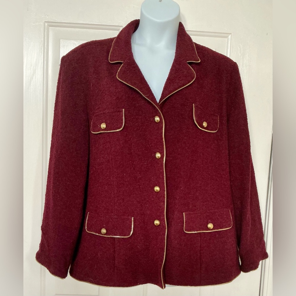 Vintage Linea by Louis Dell'Olio Boiled Wool Maroon Blazer with Gold Trim 3X